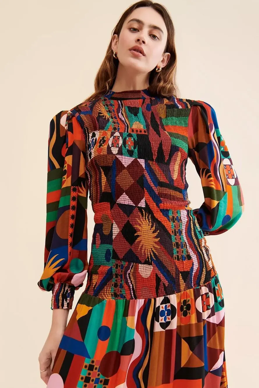 FARM Rio Tropical Shapes Smocked Midi Dress Multi Color Medium